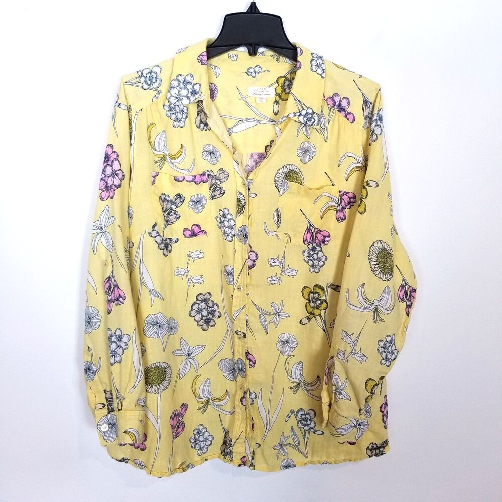 Charter Club Women's Linen Long Sleeve Button Up Floral Shirt Sz 2x Yellow